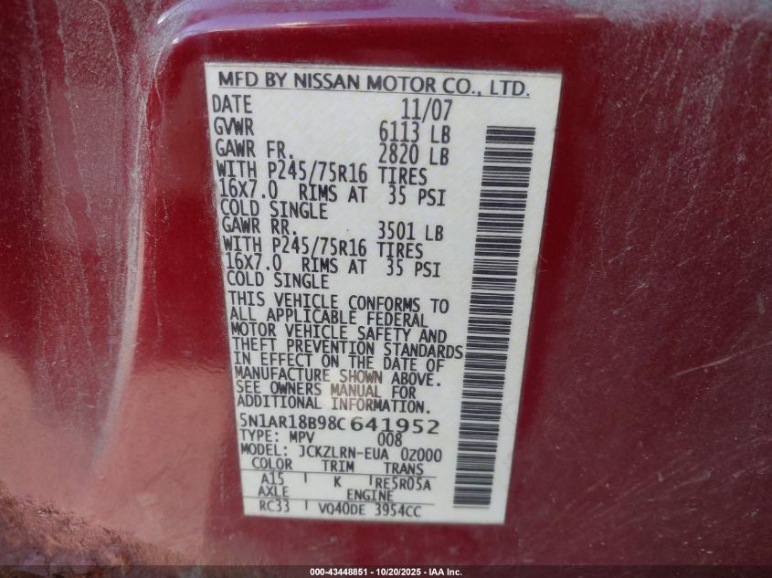2008 Nissan Pathfinder S VIN: 5N1AR18B98C641952 Lot: 43448851