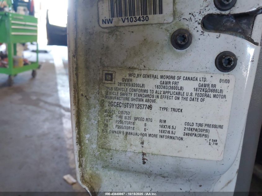 2000 Chevrolet Silverado 1500 Ls VIN: 2GCEC19T9Y1267749 Lot: 43448867