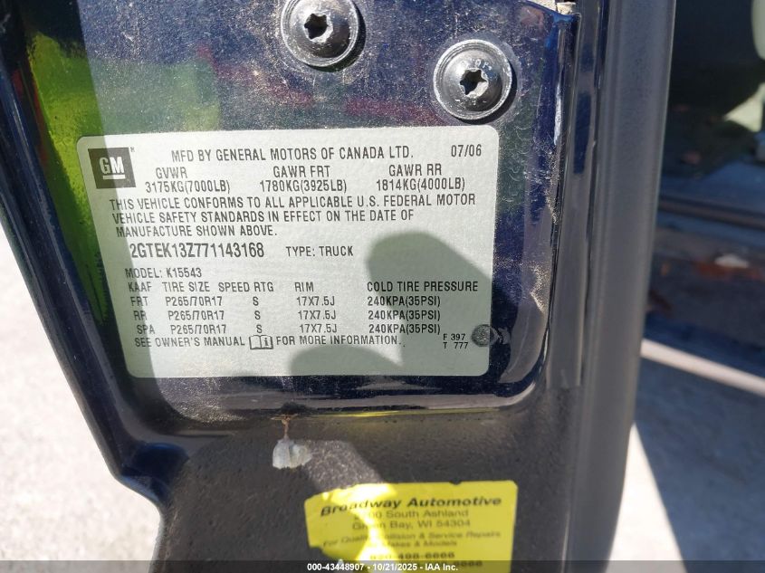 2007 GMC Sierra 1500 Classic Slt VIN: 2GTEK13Z771143168 Lot: 43448907