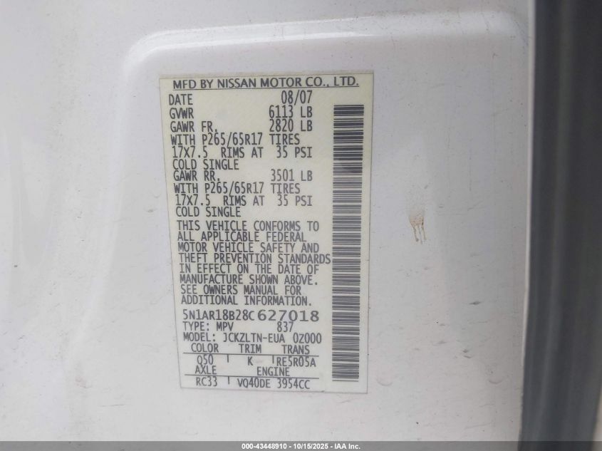 2008 Nissan Pathfinder Se VIN: 5N1AR18B28C627018 Lot: 43448910
