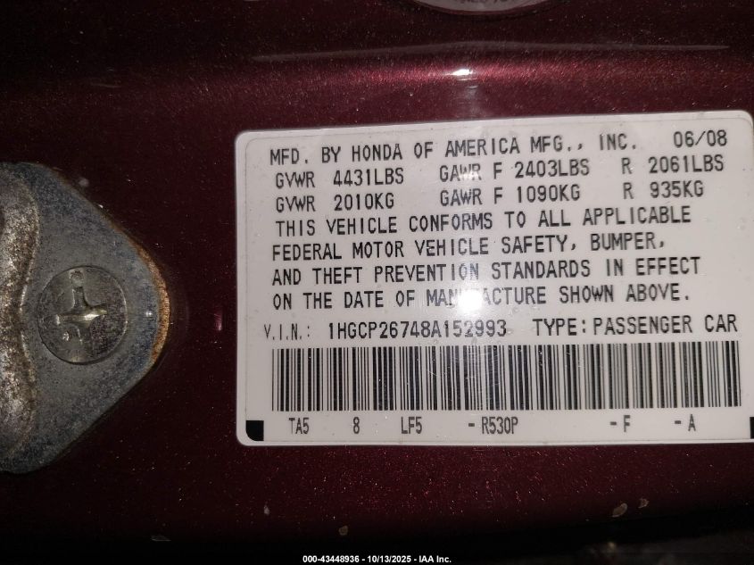 2008 Honda Accord 2.4 Ex VIN: 1HGCP26748A152993 Lot: 43448936
