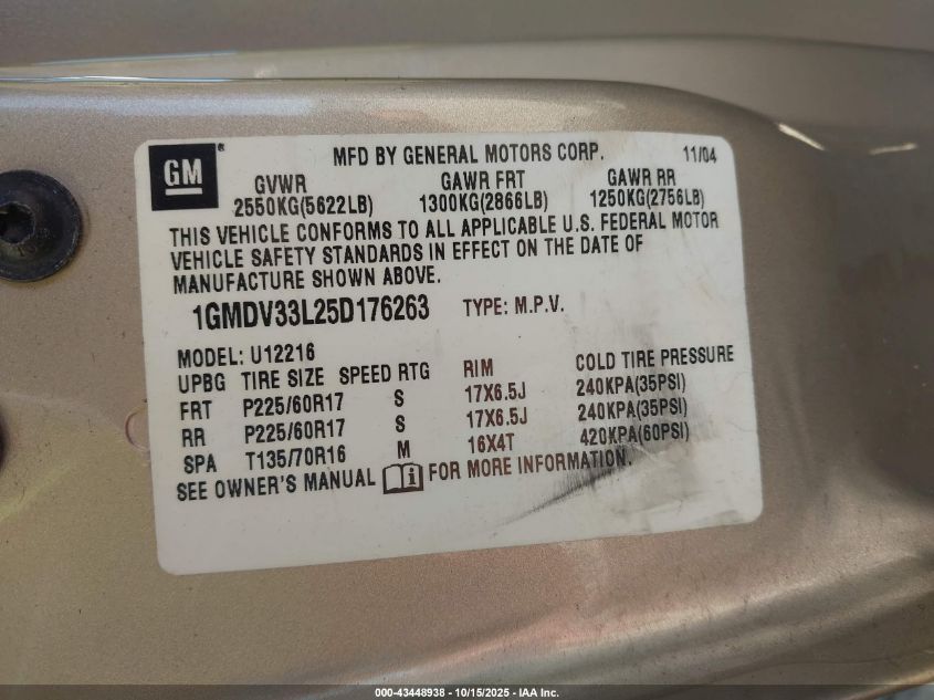 2005 Pontiac Montana Sv6 Fwd VIN: 1GMDV33L25D176263 Lot: 43448938