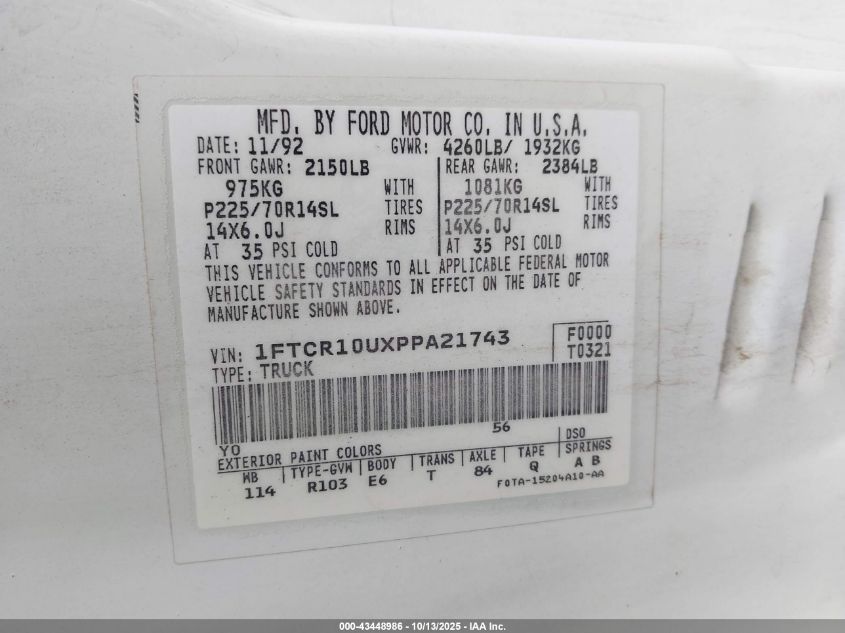 1993 Ford Ranger VIN: 1FTCR10UXPPA21743 Lot: 43448986