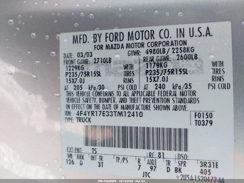 2003 Mazda B4000 Se VIN: 4F4YR17E33TM12410 Lot: 43448988