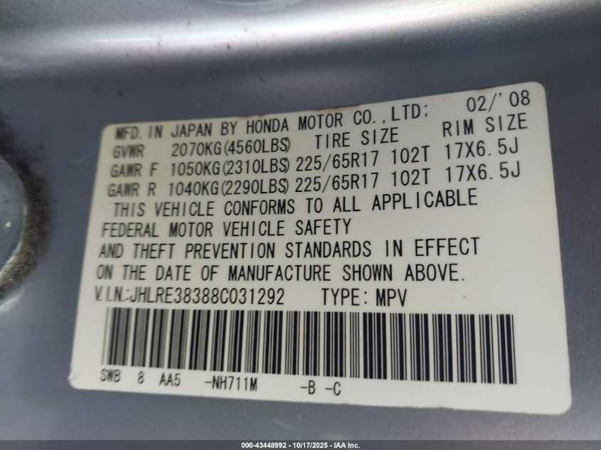 2008 Honda Cr-V Lx VIN: JHLRE38388C031292 Lot: 43448992