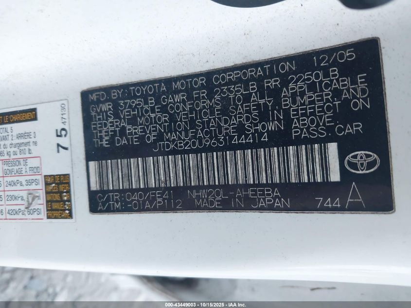 2006 Toyota Prius VIN: JTDKB20U963144414 Lot: 43449003