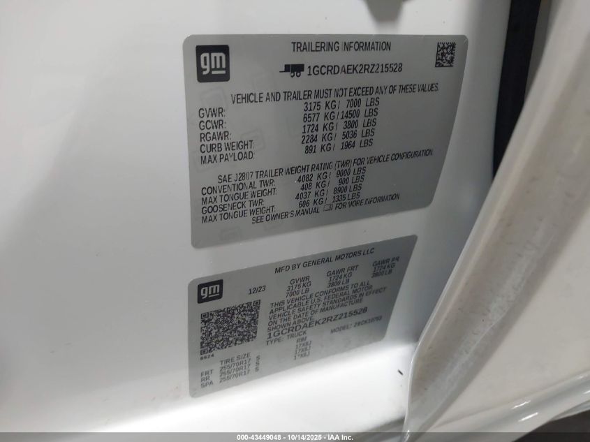 2024 Chevrolet Silverado 1500 4Wd Standard Bed Wt VIN: 1GCRDAEK2RZ215528 Lot: 43449048