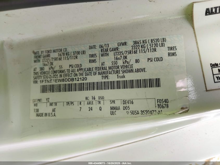 2013 Ford E-150 Commercial VIN: 1FTNE1EW8DDB12120 Lot: 43449073