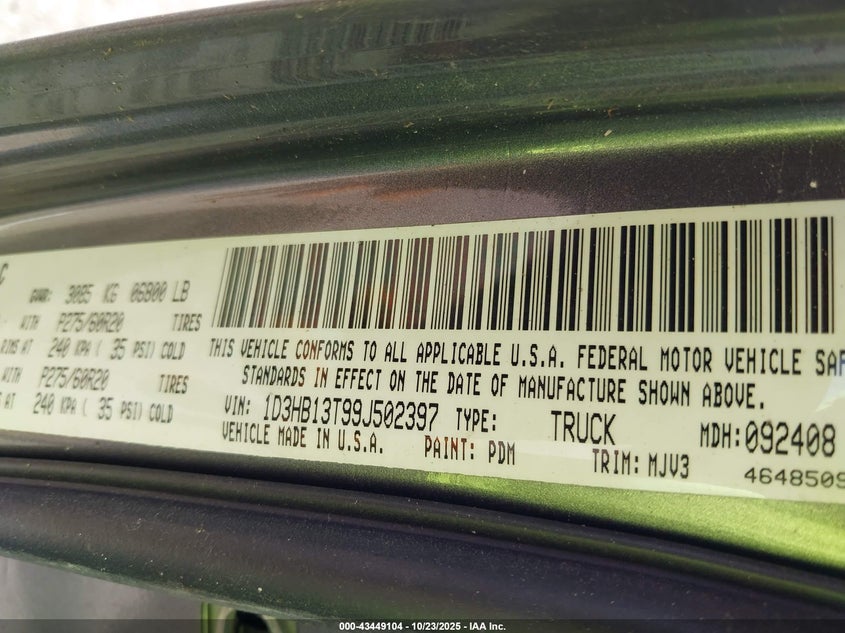 1D3HB13T99J502397 2009 DODGE RAM photo no. 9