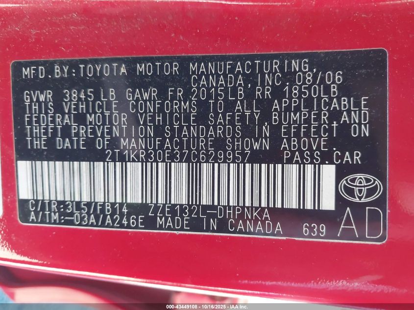 2007 Toyota Matrix Xr VIN: 2T1KR30E37C629957 Lot: 43449108