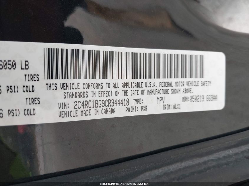 2012 Chrysler Town & Country Touring VIN: 2C4RC1BG9CR344418 Lot: 43449113