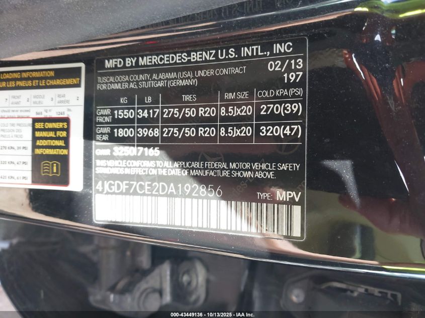 2013 Mercedes-Benz Gl 450 4Matic VIN: 4JGDF7CE2DA192856 Lot: 43449136