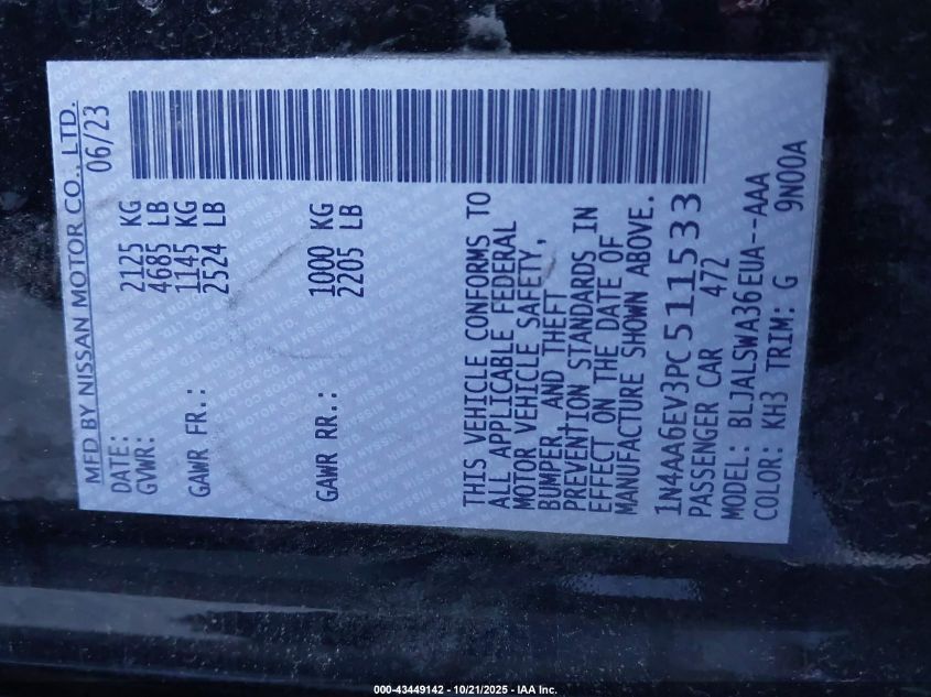 2023 Nissan Maxima Sr Xtronic Cvt VIN: 1N4AA6EV3PC511533 Lot: 43449142