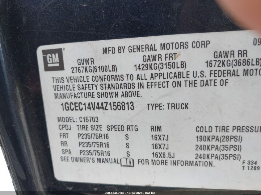 2004 Chevrolet Silverado 1500 Ls VIN: 1GCEC14V44Z156813 Lot: 43449189