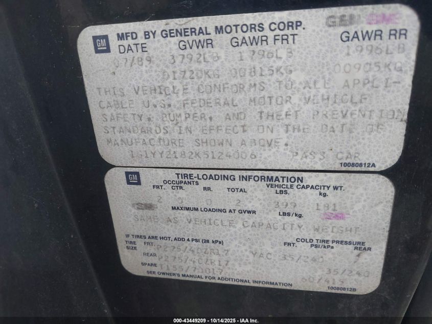 1989 Chevrolet Corvette VIN: 1G1YY2182K5124006 Lot: 43449209