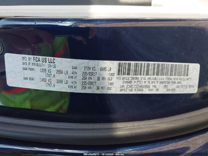 2017 Chrysler Pacifica Lx VIN: 2C4RC1CG7HR608564 Lot: 43449211