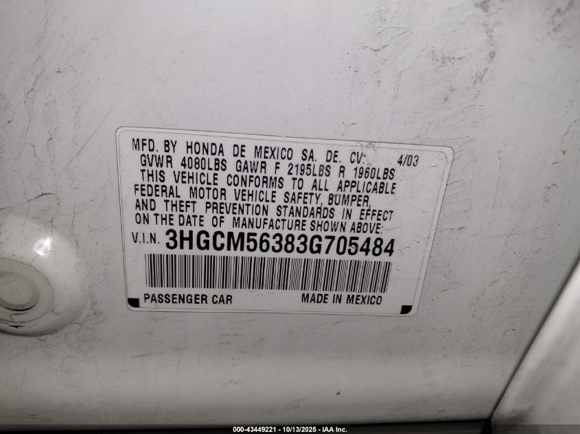2003 Honda Accord 2.4 Lx VIN: 3HGCM56383G705484 Lot: 43449221