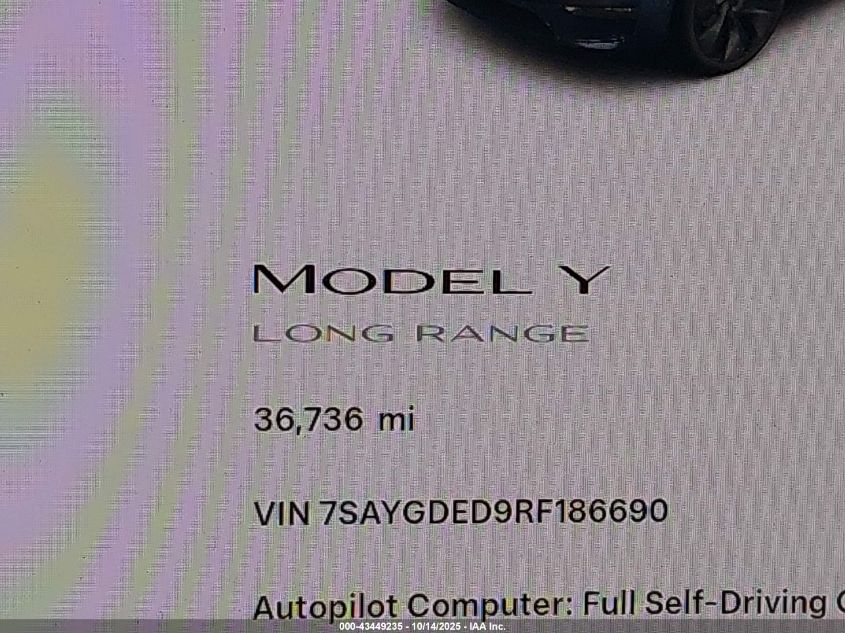 2024 Tesla Model Y Long Range Dual Motor All-Wheel Drive/Rwd VIN: 7SAYGDED9RF186690 Lot: 43449235