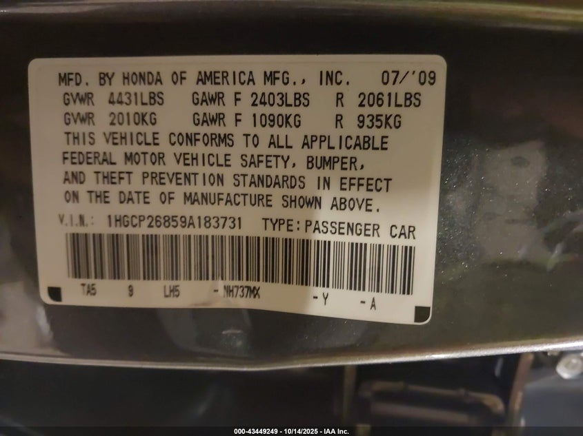 1HGCP26859A183731 2009 HONDA ACCORD photo no. 9
