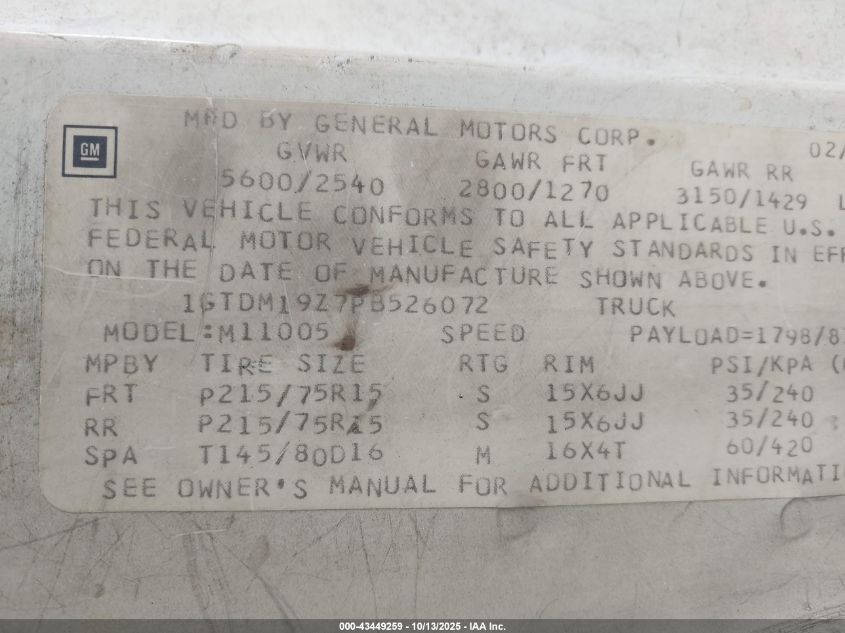 1993 GMC Safari Xt VIN: 1GTDM19Z7PB526072 Lot: 43449259