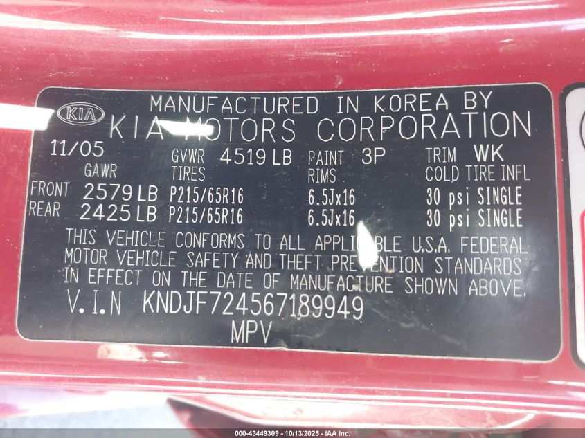 2006 Kia Sportage Lx VIN: KNDJF724567189949 Lot: 43449309