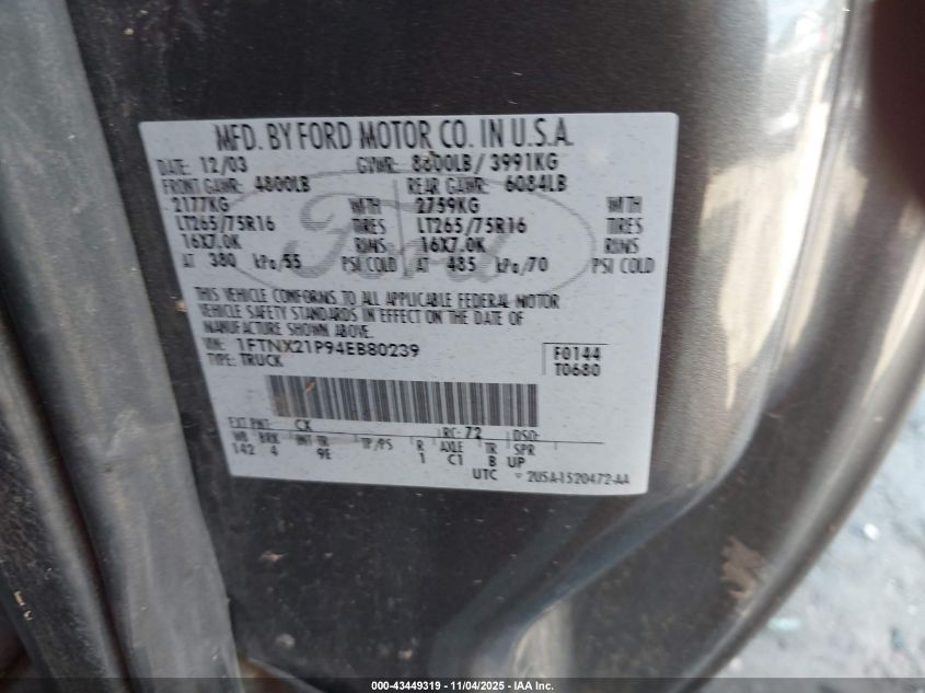 2004 Ford F-250 Lariat/Xl/Xlt VIN: 1FTNX21P94EB80239 Lot: 43449319