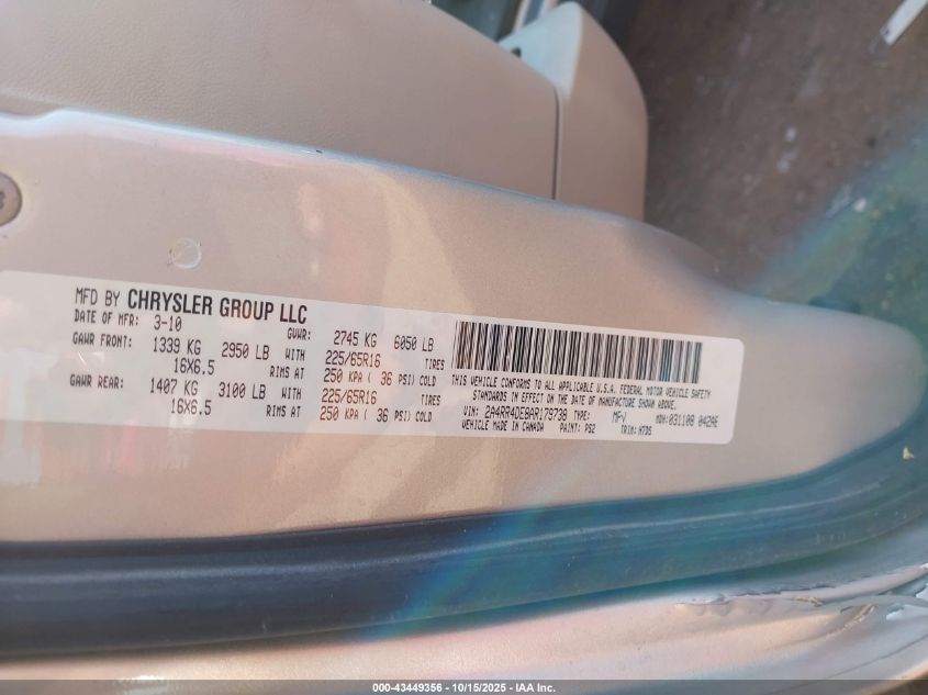 2010 Chrysler Town & Country Lx VIN: 2A4RR4DE8AR179738 Lot: 43449356