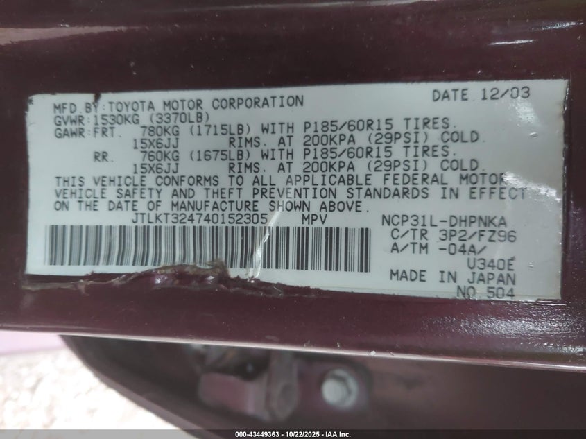 JTLKT324740152305 2004 SCION XB photo no. 9