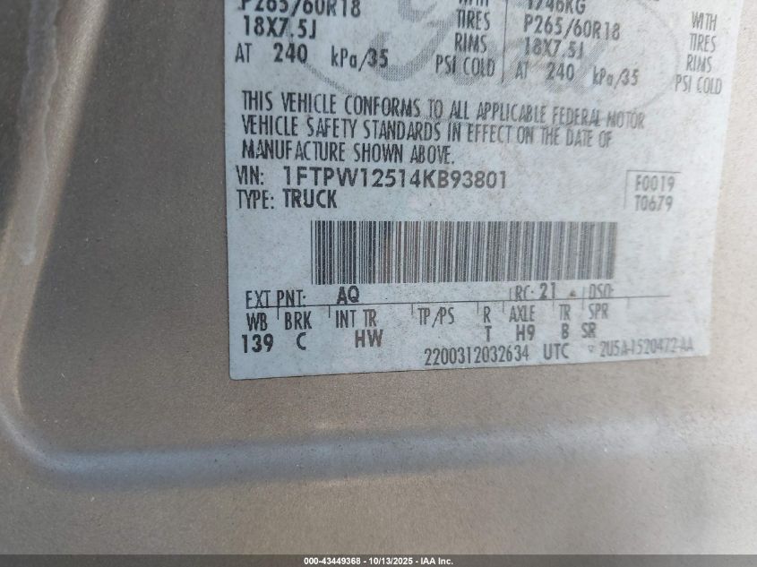 2004 Ford F-150 Lariat/Xlt VIN: 1FTPW12514KB93801 Lot: 43449368