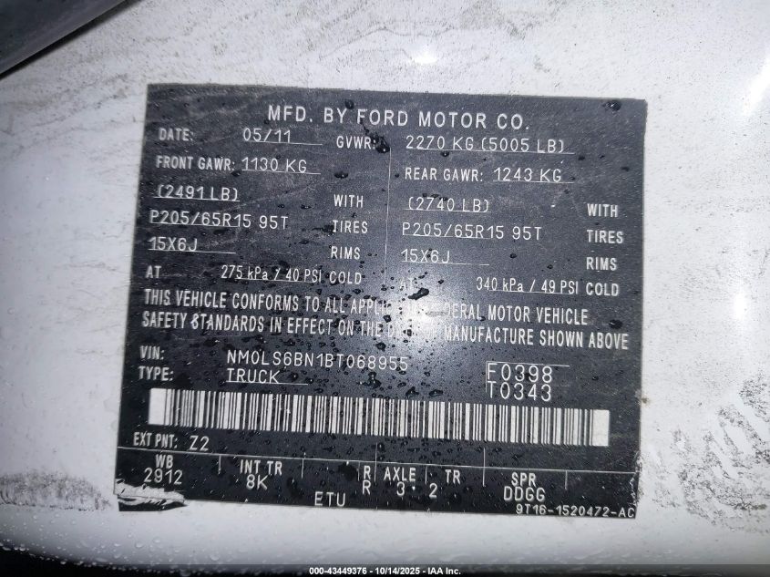 2011 Ford Transit Connect Xlt VIN: NM0LS6BN1BT068955 Lot: 43449376