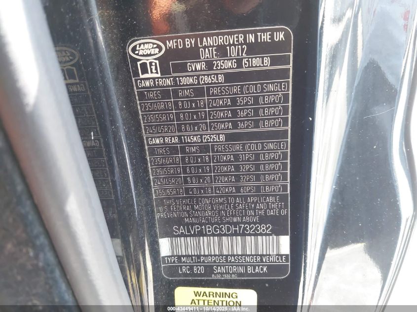 2013 Land Rover Range Rover Evoque Pure Plus VIN: SALVP1BG3DH732382 Lot: 43449411