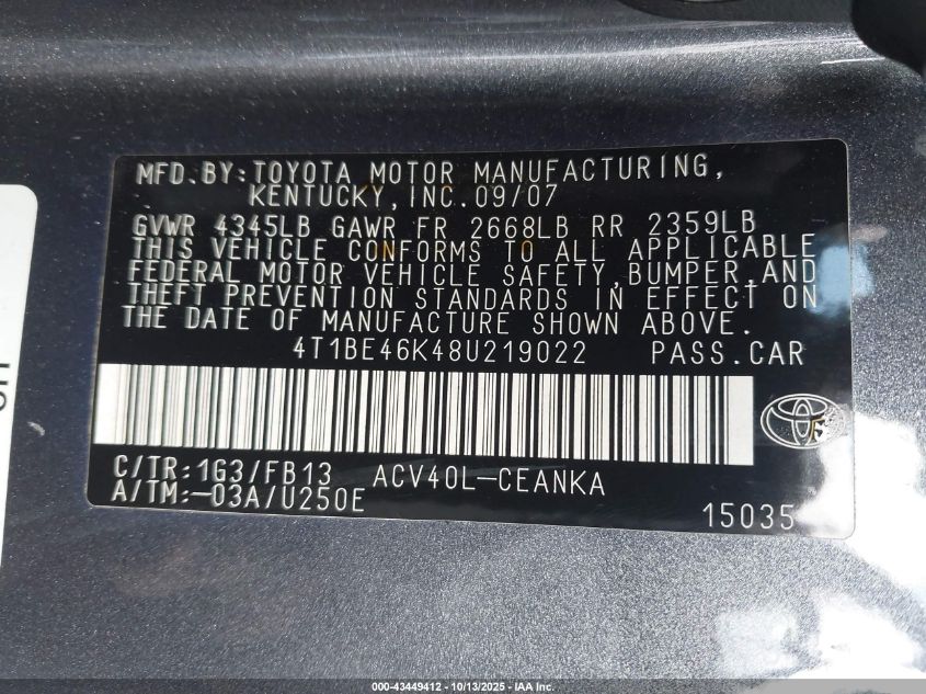 2008 Toyota Camry Le VIN: 4T1BE46K48U219022 Lot: 43449412