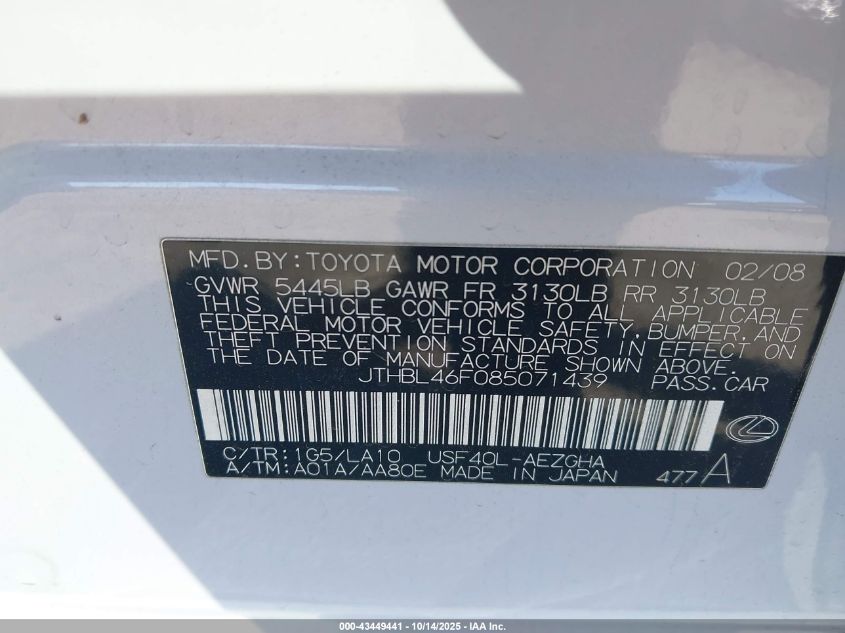 2008 Lexus Ls 460 VIN: JTHBL46F085071439 Lot: 43449441