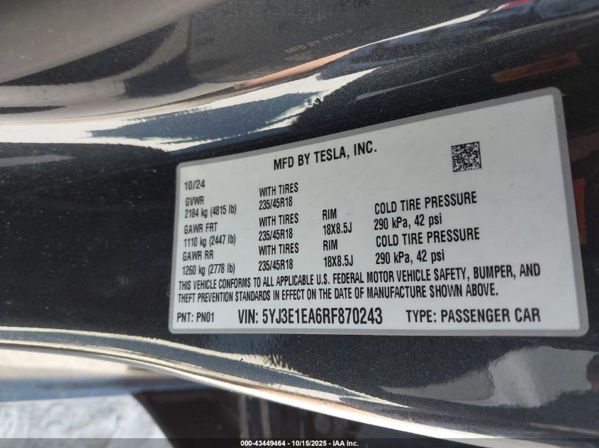 2024 Tesla Model 3 Long Range Dual Motor All-Wheel Drive/Rear-Wheel Drive VIN: 5YJ3E1EA6RF870243 Lot: 43449464