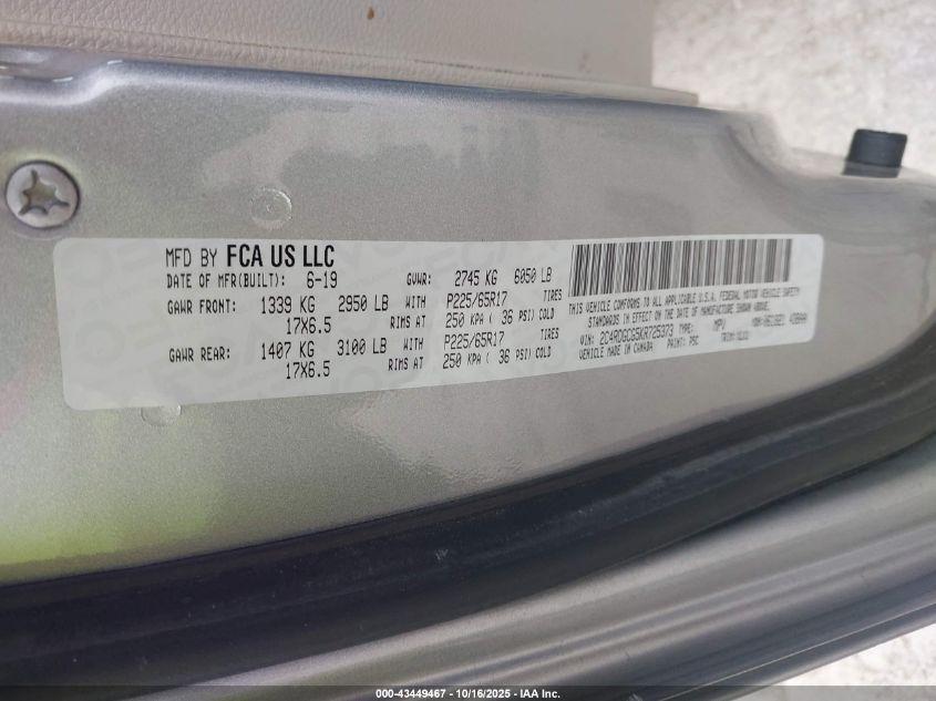 2019 Dodge Grand Caravan Sxt VIN: 2C4RDGCG5KR725373 Lot: 43449467