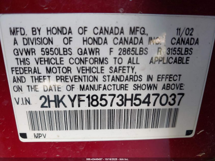 2003 Honda Pilot Ex-L VIN: 2HKYF18573H547037 Lot: 43449497
