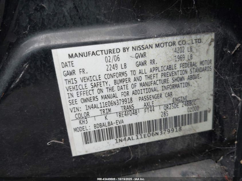 2006 Nissan Altima 2.5 S VIN: 1N4AL11E06N379918 Lot: 43449505