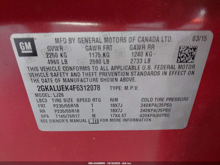 2015 GMC Terrain Denali VIN: 2GKALUEK4F6312078 Lot: 43449509