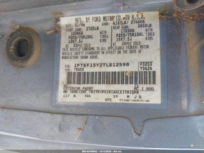 1996 Ford F150 VIN: 1FTEF15Y2TLB12598 Lot: 43449542