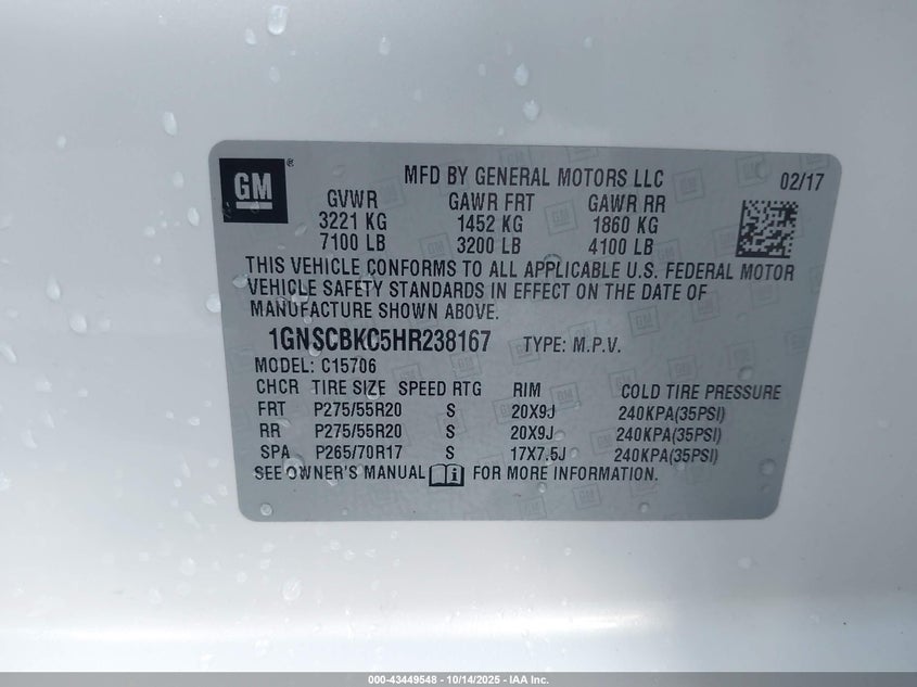 2017 CHEVROLET TAHOE LT 1GNSCBKC5HR238167