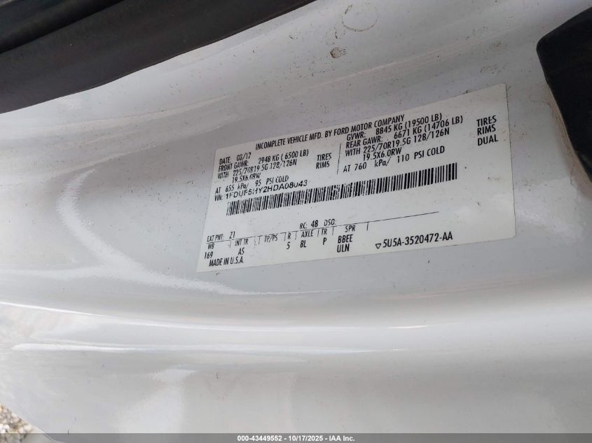 2017 Ford Super Duty F-550 Drw Xl VIN: 1FDUF5HY2HDA08043 Lot: 43449552