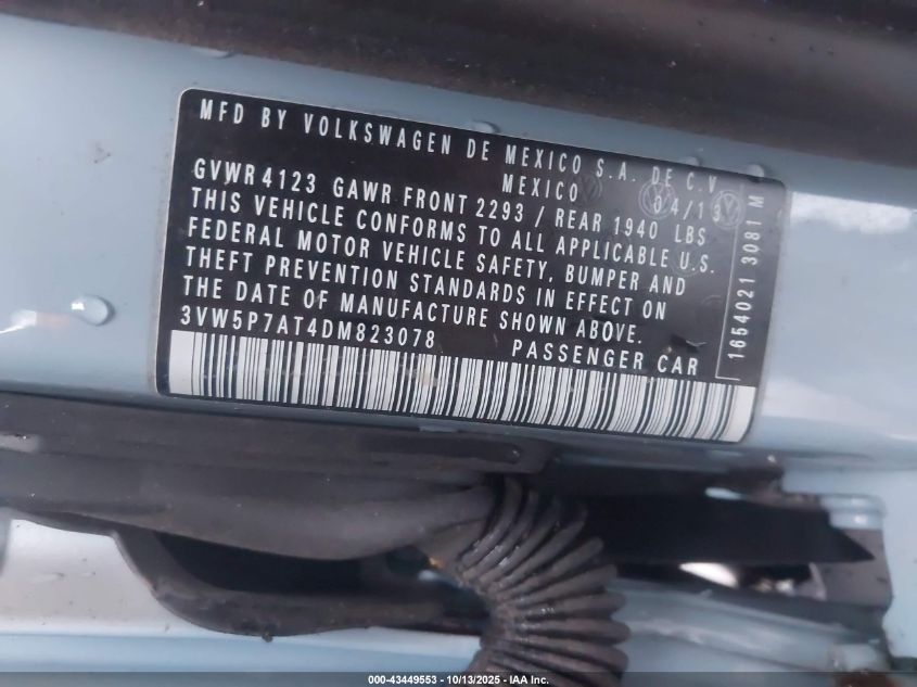 2013 Volkswagen Beetle 2.5L VIN: 3VW5P7AT4DM823078 Lot: 43449553
