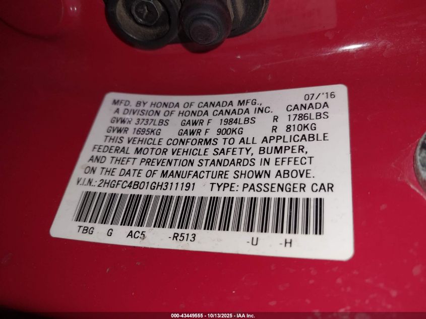2016 Honda Civic Lx-P VIN: 2HGFC4B01GH311191 Lot: 43449555