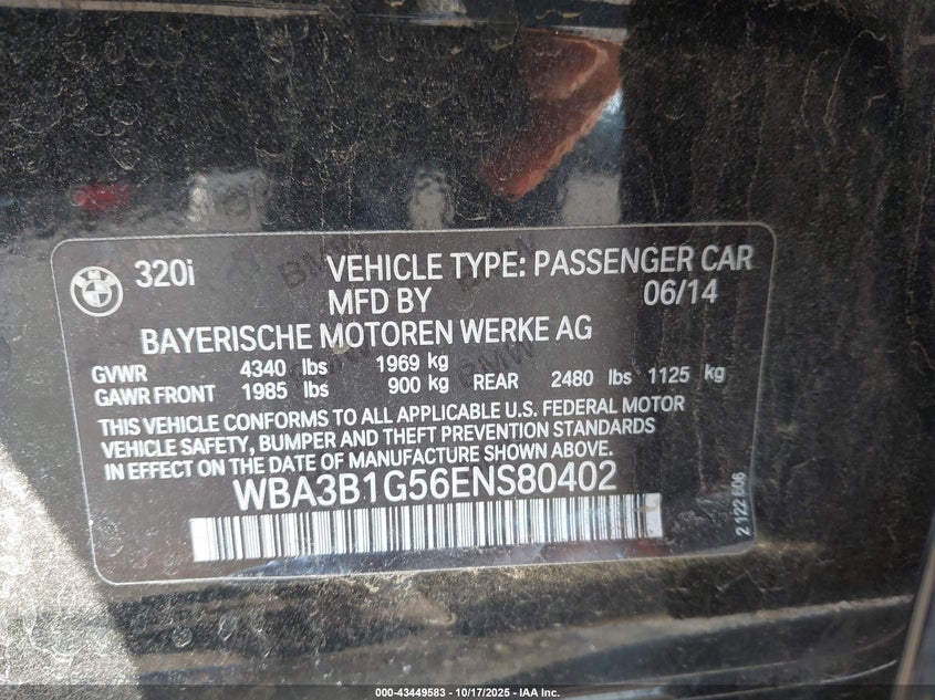 2014 BMW 320I WBA3B1G56ENS80402