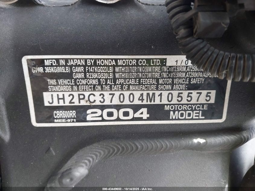 2004 Honda Cbr600 Rr VIN: JH2PC37004M105575 Lot: 43449650