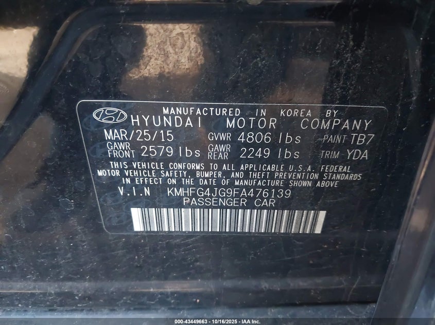2015 HYUNDAI AZERA KMHFG4JG9FA476139