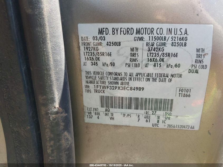 2003 Ford F-350 Xl/Xlt VIN: 1FTWF32PX3EC84989 Lot: 43449700