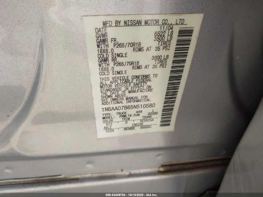 2005 Nissan Titan Se VIN: 1N6AA07B65N510580 Lot: 43449704