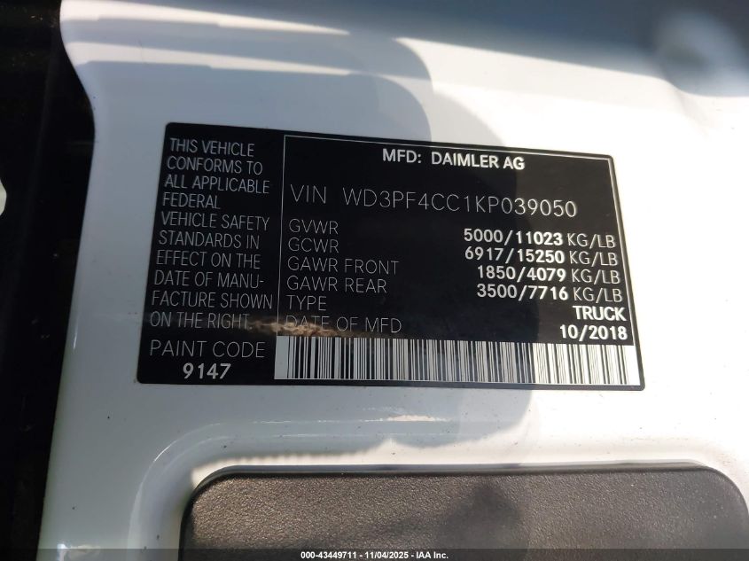 2019 Mercedes-Benz Sprinter 3500Xd High Roof V6 VIN: WD3PF4CC1KP039050 Lot: 43449711
