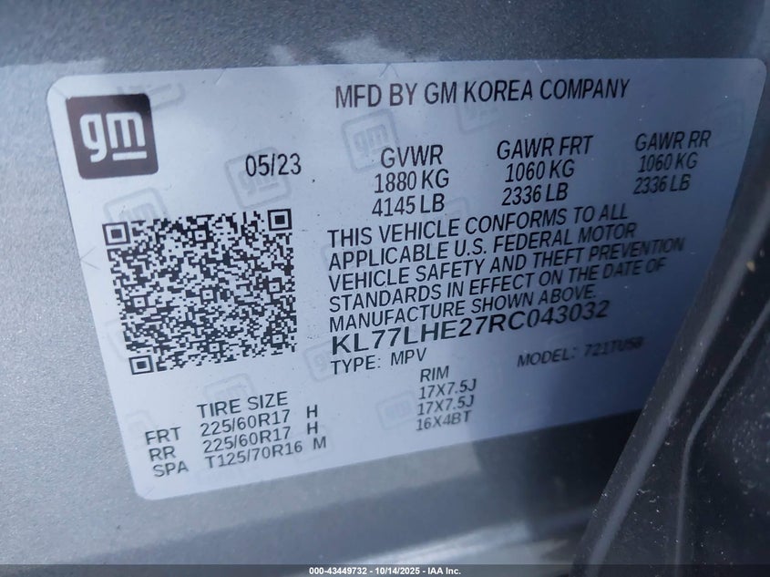 VIN KL77LHE27RC043032 2024 CHEVROLET TRAX FWD LT